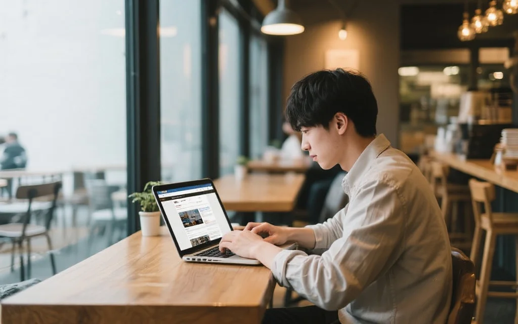 一位年轻人在咖啡馆里使用笔记本电脑浏览网页，周围环境安静，氛围轻松，展示灵活办公的场景