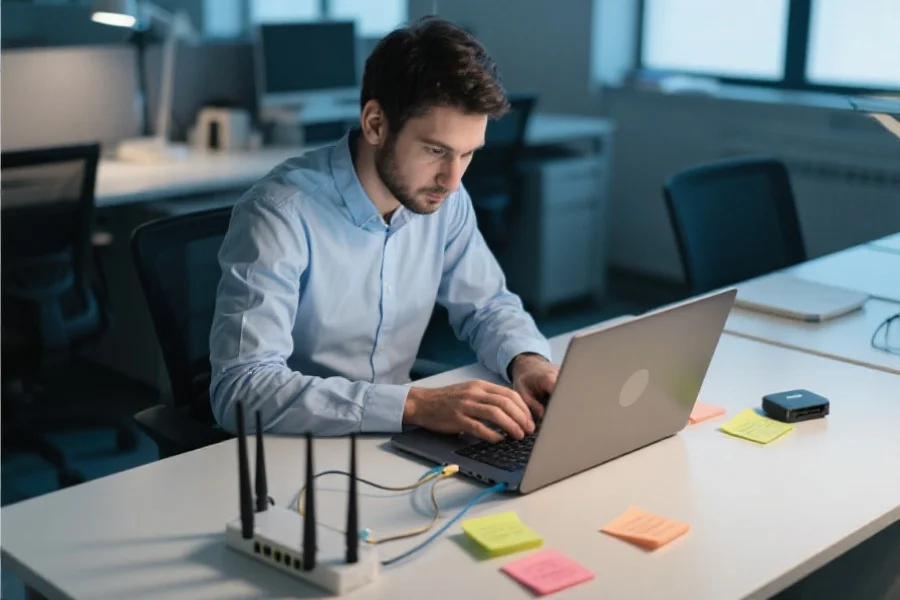 一位技术支持人员正在用笔记本电脑排查网络连接问题，桌面上有路由器和便签，场景为办公室